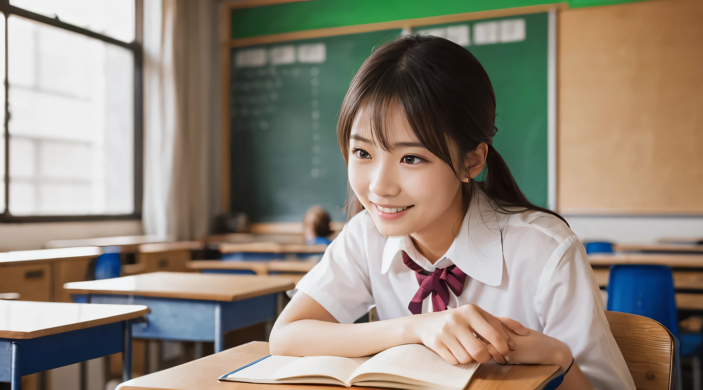 (RAW photo:1), (masterpiece:1, highest quality:1), (8K photo), (photon mapping:1), (In a high school classroom:1), (realistic:1.8), (Upper body:1), (super detailed eye:1), (1 Japanese high school girl:1),(1 Japanese male student:1.7),(student:1), (Read textbooks:1), (seiza:1.5),(Good posture :1.3), (Modern wooden classroom:1.6),(Simple School Uniform:1), (simple background), (15 years old),  (round face:1),(we say:0.2), (Bokeh), (Side view),(light smile),(Look at each other:1.5), (eye contact:1.5),