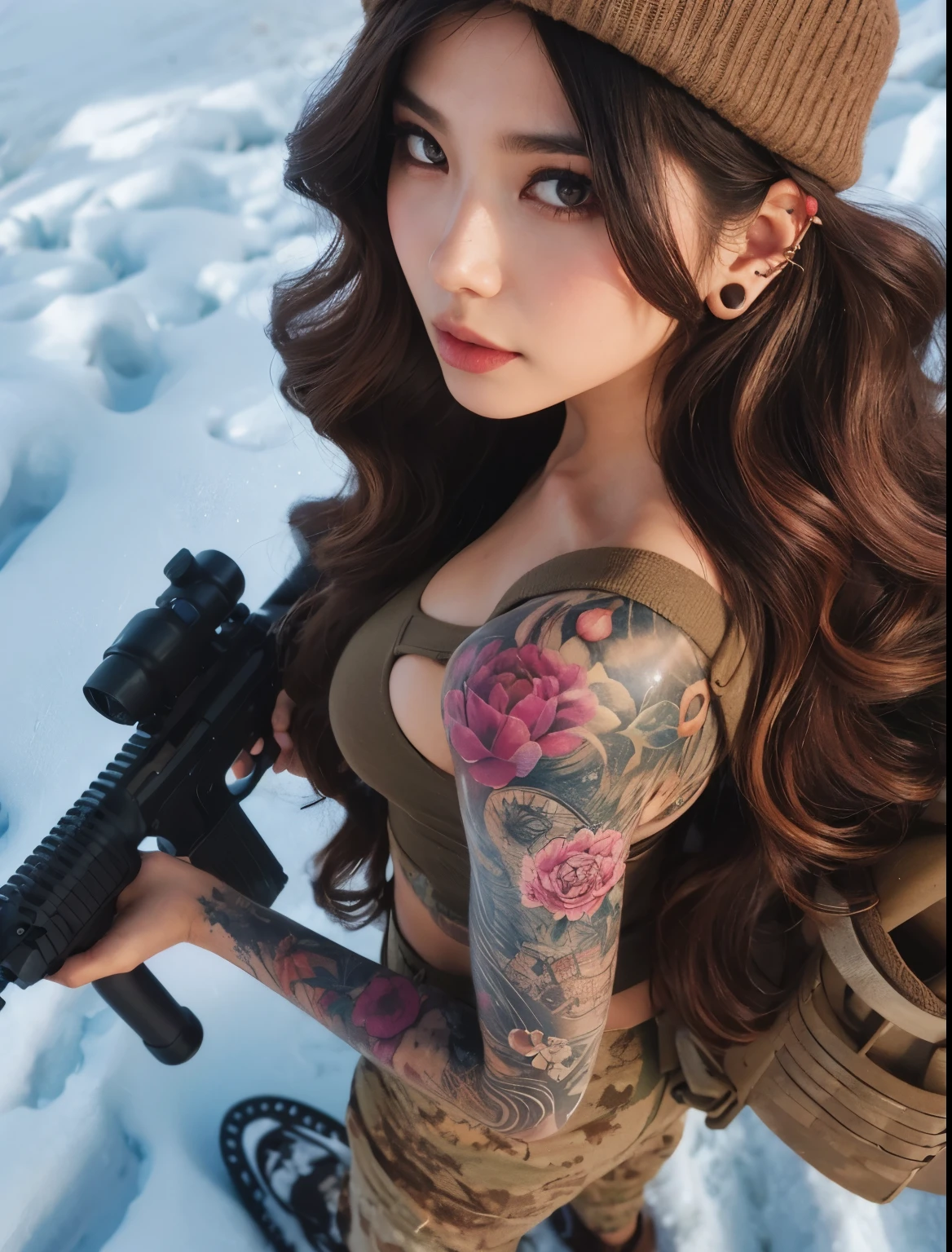 photorealistic、realistic skin texture、automatic rifle、tattoo、snow mountain