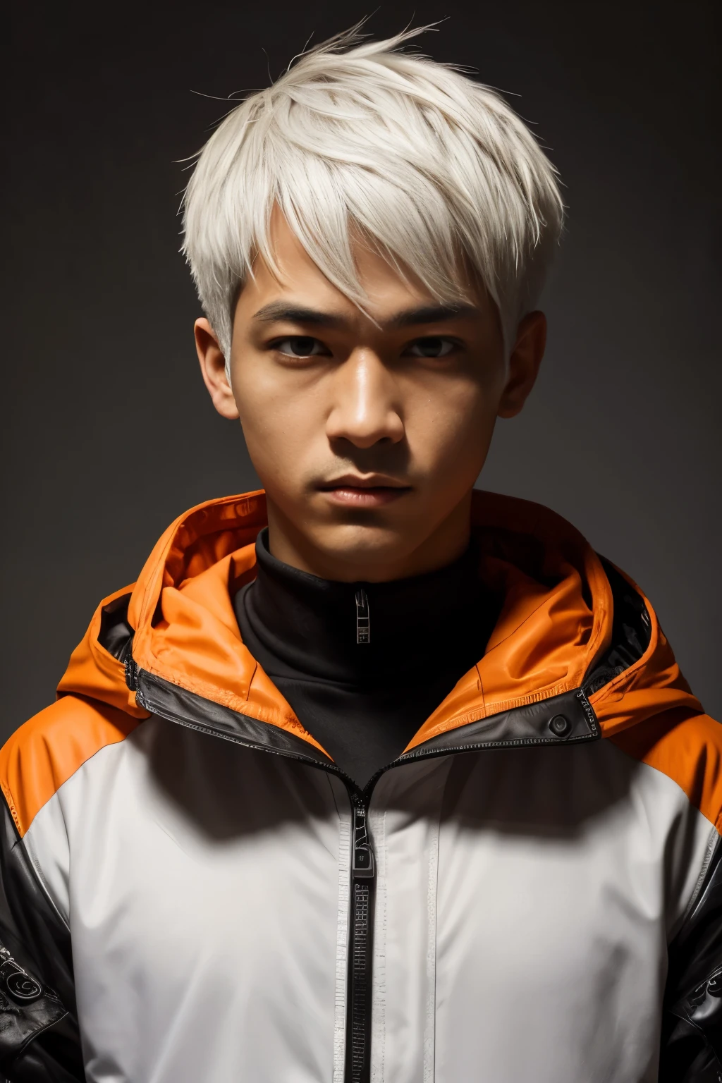 style of Tsutomu Nihei,(incredibly absurdres, (high resolution:1.18), intricate detail, (masterpiece:1.1), (highest quality:1.1), absurdres),(1boy, portrait, white hair, orange eyes, short hair, detailed eyes),