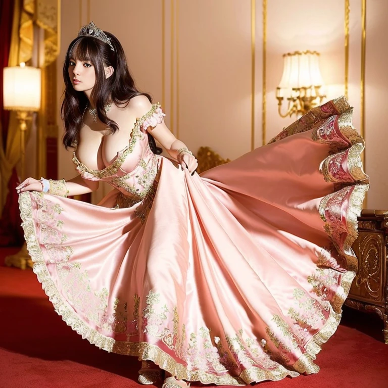 ((anime art style)),(masutepiece),(Best Quality), (Super Detail),((Very delicate and beautiful)),(((Solo))),(One princess in a gorgeous rococo ball gown dress with beautiful embroidery and jewels and voluminous full-length hoop skirts and tuck-up skirts)),Royal Bedroom,(((Dress Skirt Lift Yourself))),((((Gorgeous embroidery and lace panties with jewels,Cameltoe)))),Garter Belt,Focus Pantieling bling)),Long Train,(Gorgeous gemstone jewelry with sparkly),Detailed face and eyes,Eyes Like Gems,cry,((embarrassed)),((Large amount of straight hair,very voluminous and very long hair,Very long straight hair)),(((Colossal tits,long boobs))),cleavage,(gorgeous embroidery and lace),Gorgeous corsage,See-through,Very gorgeous hair ornament,Tiara adorned with sparkly and very gorgeous jewels,ornate ruffles,(hoop skirt,crinoline),((Dynamic Angle)),Looking at Viewer,((Full body)),((Very gorgeous rococo ball gown dress with beautiful embroidery and jewels and voluminous full-length hoop skirt)),Focus Panties,