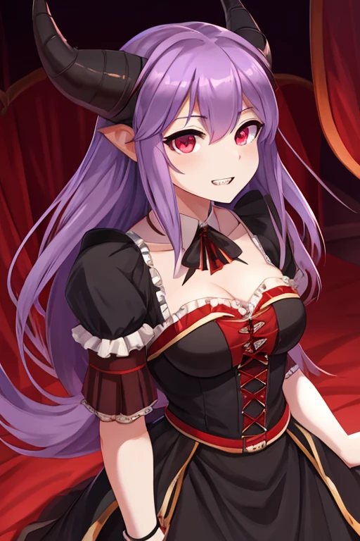 Long haired 18-year demon woman with pastel Purple hair with heterochromia one blue eye and red eye with sharp teeth wearing a Victorian dress that is Red and black (SFW)