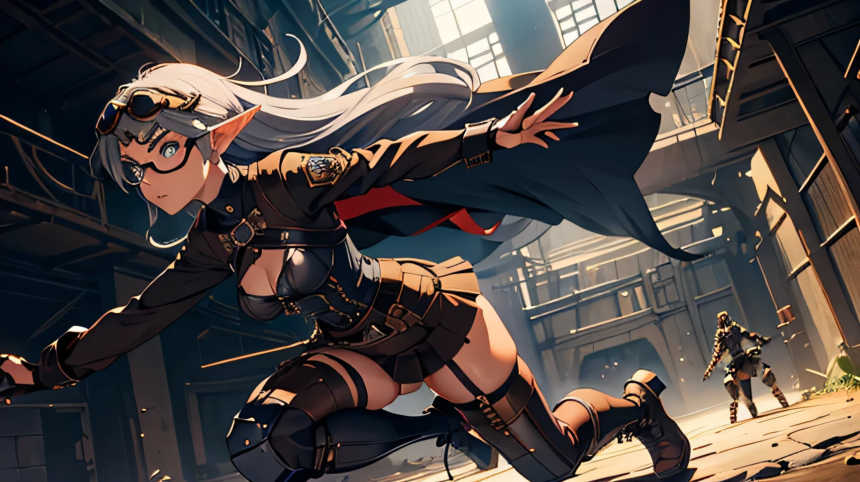 masterpiece, high quality, inside underground ruins, 1_woman, full body, mid-jump, mid-air, holding japanese katana, (exotic skin_complexion:1.4),mature, leaping at camera, tall, beautiful, exotic, with long elf ears, looking to the side, long hair, silver hair, detailed face, angry expression, anime fight pose, having diamond shaped eyes, blue eyes, (dark_eyeliner), long_eyelashes medium_bust, thigh gap, wearing Steampunk corset, chest window, brown shorts, crossing belts, (goggles on head), red tinted goggle lenses, long fingerless_gloves, belts with metal gears, (((brown half skirt))), making fist, black thigh highs with embroidery, knee boots with laces, dynamic lighting casts detailed shadows