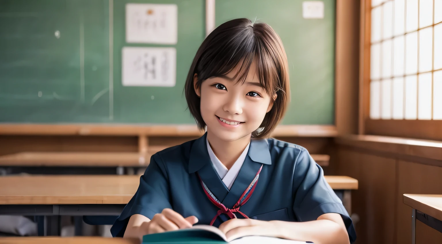 (RAW photo:1), (masterpiece:1, highest quality:1), (8K photo), (photon mapping:1), (In high school classroom:1), (realistic:1.8), (Upper body:1), (super detailed eye:1), (1 Japanese high school girl:1),(1 Japanese male student:1.7),(student:1), (Read textbooks:1), (sitting), (Simple School Uniform:1), (simple background), (15 years old), (round face:1),(we say:0.2), (Bokeh), (Side view),(light smile),(Look at each other:1.5), (eye contact:1.5),