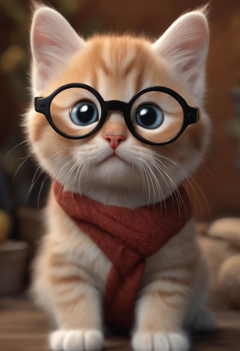 (best quality,4k,8k,highres,masterpiece:1.2),ultra-detailed,(realistic,photorealistic,photo-realistic:1.37),small cute kitty wearing thick lens glasses,small pop art,cartoon,farm background
