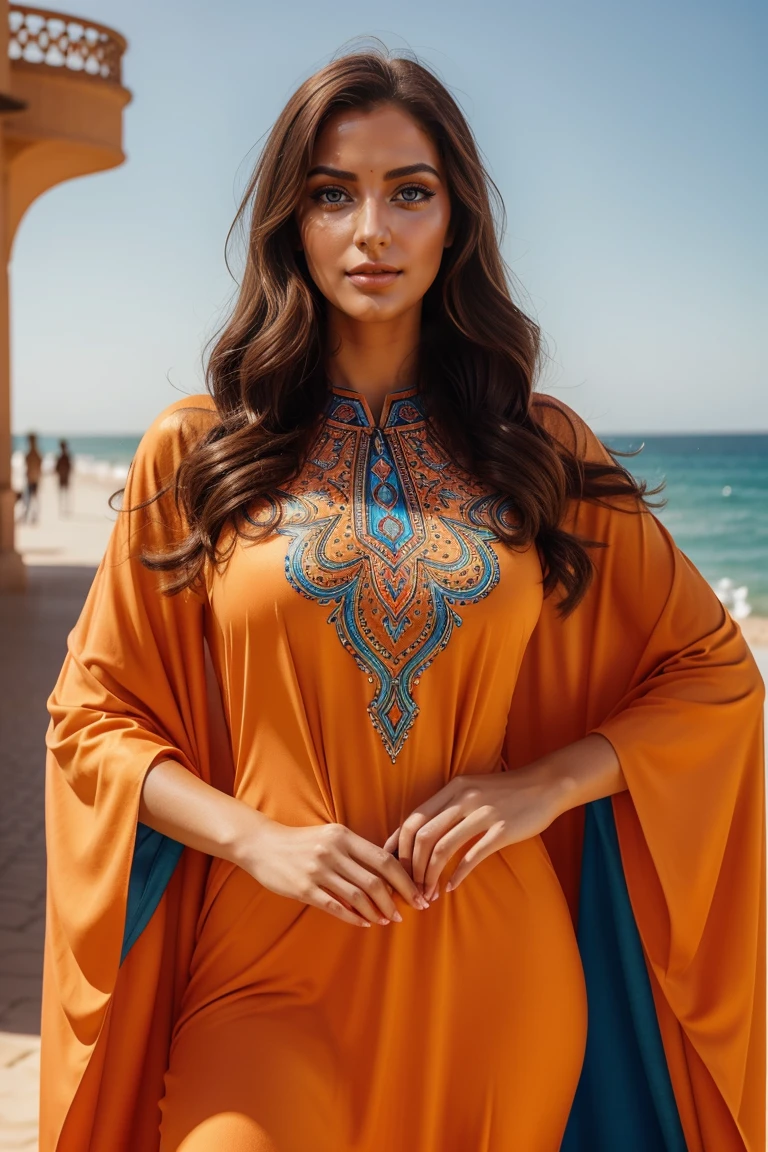 Instagram-Models posieren in corniche of Casablanca, in a orange and blue futuristic kaftan, full entire body, beautiful detailed eyes, beautifully detailed lips, extremely detailed eyes and face, kurzes, welliges rosa Haar ((best qulaity)), ((Meisterwerk)), (detailliert), perfektes Gesicht, full entire body