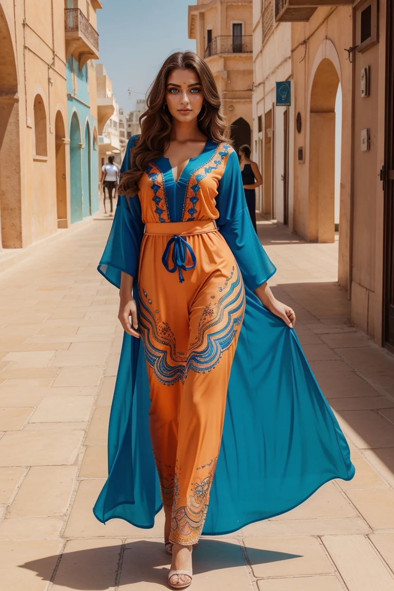 Instagram-Models posieren in corniche of Casablanca, in a orange and blue futuristic kaftan, full entire body, beautiful detailed eyes, beautifully detailed lips, extremely detailed eyes and face, kurzes, welliges rosa Haar ((best qulaity)), ((Meisterwerk)), (detailliert), perfektes Gesicht, full entire body