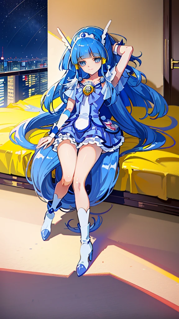 ((highest quality, masterpiece, disorganized) ，cure beauty，Precure，Blue spats，sleeping face up in bed，Crab crotch，please show me your boots , 14 years old,long hair, hair with volume, hair loss, expressive eyes,view of other buildings ,defeat，detailed description，solo 1 girl，full body shot，