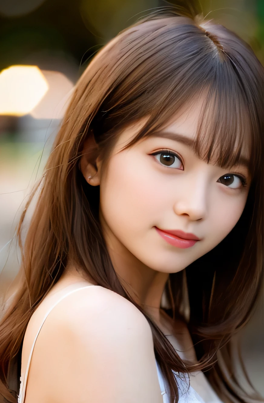 highest quality, Focus on the eyes, soft light, Use reflector to brighten your face, (Depth of bounds written) ,ultra high resolution, (realistic:1.4), RAW photo, (Bokeh:1.4), 1 girl, japanese woman, so beautiful, nogizaka girls, female idol, very pretty, alone, cute, (smile shyly:1.3), round big eyes, droopy eyes, medium sized breasts, brown hair, small nostrils, (looking at the viewer:1.2),
