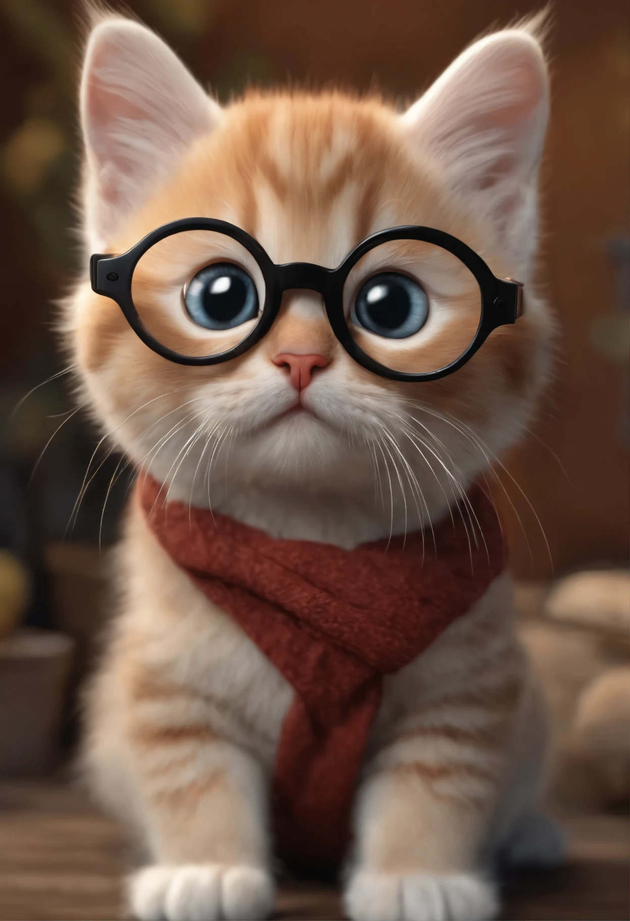 (best quality,4k,8k,highres,masterpiece:1.2),ultra-detailed,(realistic,photorealistic,photo-realistic:1.37),small cute kitty wearing thick lens glasses,small pop art,cartoon,farm background