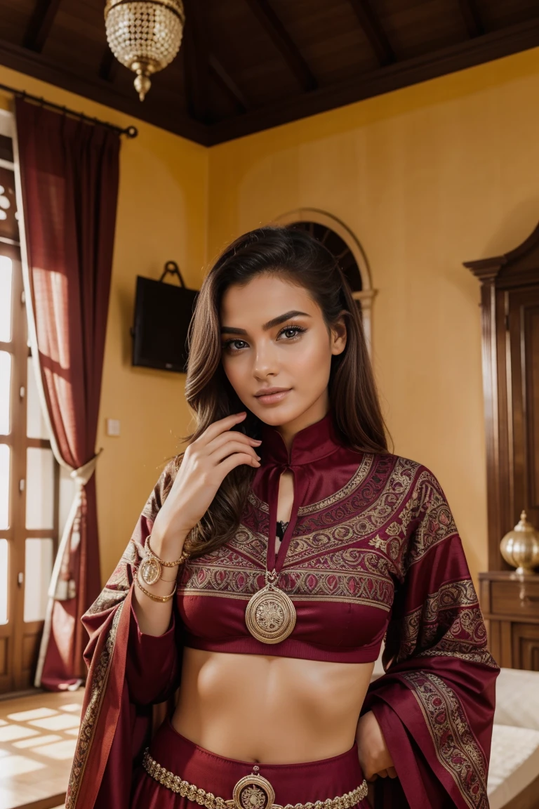 Instagram-Models posieren in indorr villa in Casablanca, in a colorful futuristic cozy warm piyama, full entire body, beautiful detailed eyes, beautifully detailed lips, extremely detailed eyes and face, kurzes, welliges rosa Haar ((best qulaity)), ((Meisterwerk)), (detailliert), perfektes Gesicht, full entire body