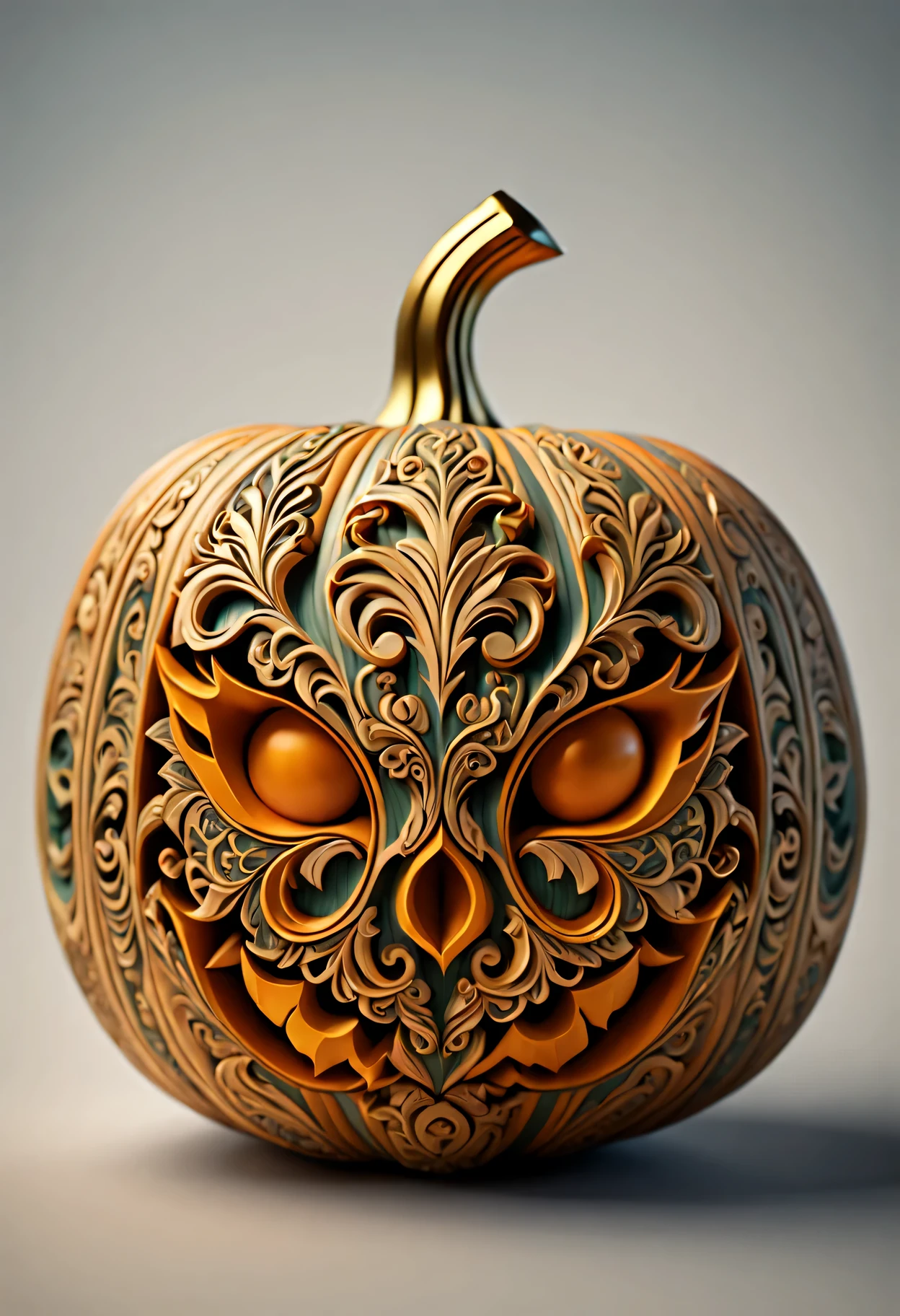 intricately carved、Pumpkin with golden decoration, In the style of cinema4D rendering, woodcarver, Exquisite and intricate details, Tattoo inspiration, modern baroque style, Limited color range
