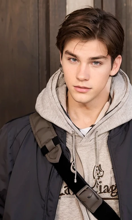 Handsome young man with brown hair and hoodie blue and white also a sling bag