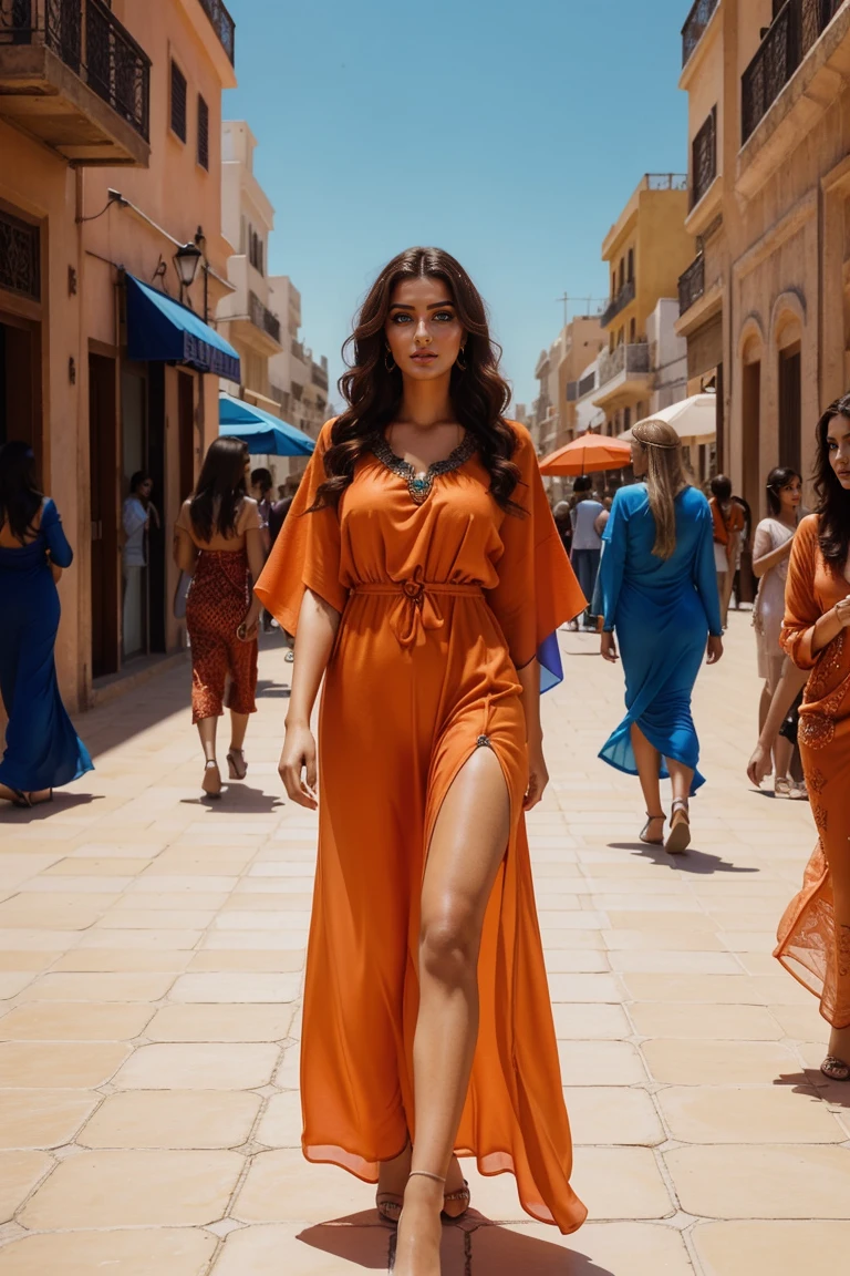 Instagram-Models posieren in corniche of Casablanca, in a bright orange and deep blue futuristic kaftan, full entire body, beautiful detailed eyes, beautifully detailed lips, extremely detailed eyes and face, kurzes, welliges rosa Haar ((best qulaity)), ((Meisterwerk)), (detailliert), perfektes Gesicht, full entire body