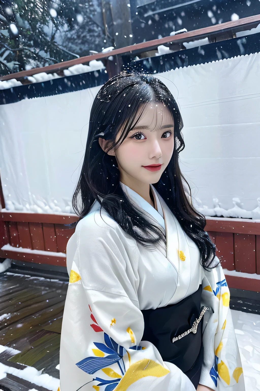(kimono)、、(highest quality,masterpiece:1.3,ultra high resolution,),(Super detailed,caustics),(Photoreal:1.4,RAW shooting,)ultra-realistic capture,very detailed,High resolution 16K resolution perfect for human skin、 natural skin texture、、Skin tone looks even and healthy、 Use natural light and color,one woman,Japanese,,cute,black haired,middle hair,(written boundary depth、chromatic aberration、、wide range of lighting、natural shading、)、、(falling snow:1.3)、(hair swaying in the wind:1.3)、(Snow reflects light:1.3)