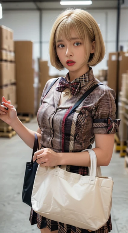 (table top, highest quality:1.2), 8K, official art, RAW photo, ((cowboy shot:1.4))、 (襟付きshort sleeve女子高校生用制服ワイシャツ, Uniform bow tie necktie on the chest:1.4), beautiful girl, cute face, ((blonde bob cut hair:1.4))、(((Brown plaid pleated skirt:1.4)), school uniform, short sleeve, gardenia, violaces, , ((Dark drugstore warehouse:1.4))、((holding lipstick in hand:1.4))、((tote bag:1.4))、looking at the viewer, no makeup、film grain, chromatic aberration, sharp focus, face light, dynamic lighting, cinematic lighting, Eye and face details, ((look of fear:1.4)),