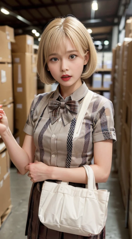 (table top, highest quality:1.2), 8K, official art, RAW photo, ((cowboy shot:1.4))、 (襟付きshort sleeve女子高校生用制服ワイシャツ, Uniform bow tie necktie on the chest:1.4), beautiful girl, cute face, ((blonde bob cut hair:1.4))、(((Brown plaid pleated skirt:1.4)), school uniform, short sleeve, gardenia, violaces, , ((Dark drugstore warehouse:1.4))、((holding lipstick in hand:1.4))、((tote bag:1.4))、looking at the viewer, no makeup、film grain, chromatic aberration, sharp focus, face light, dynamic lighting, cinematic lighting, Eye and face details, ((look of fear:1.4)),