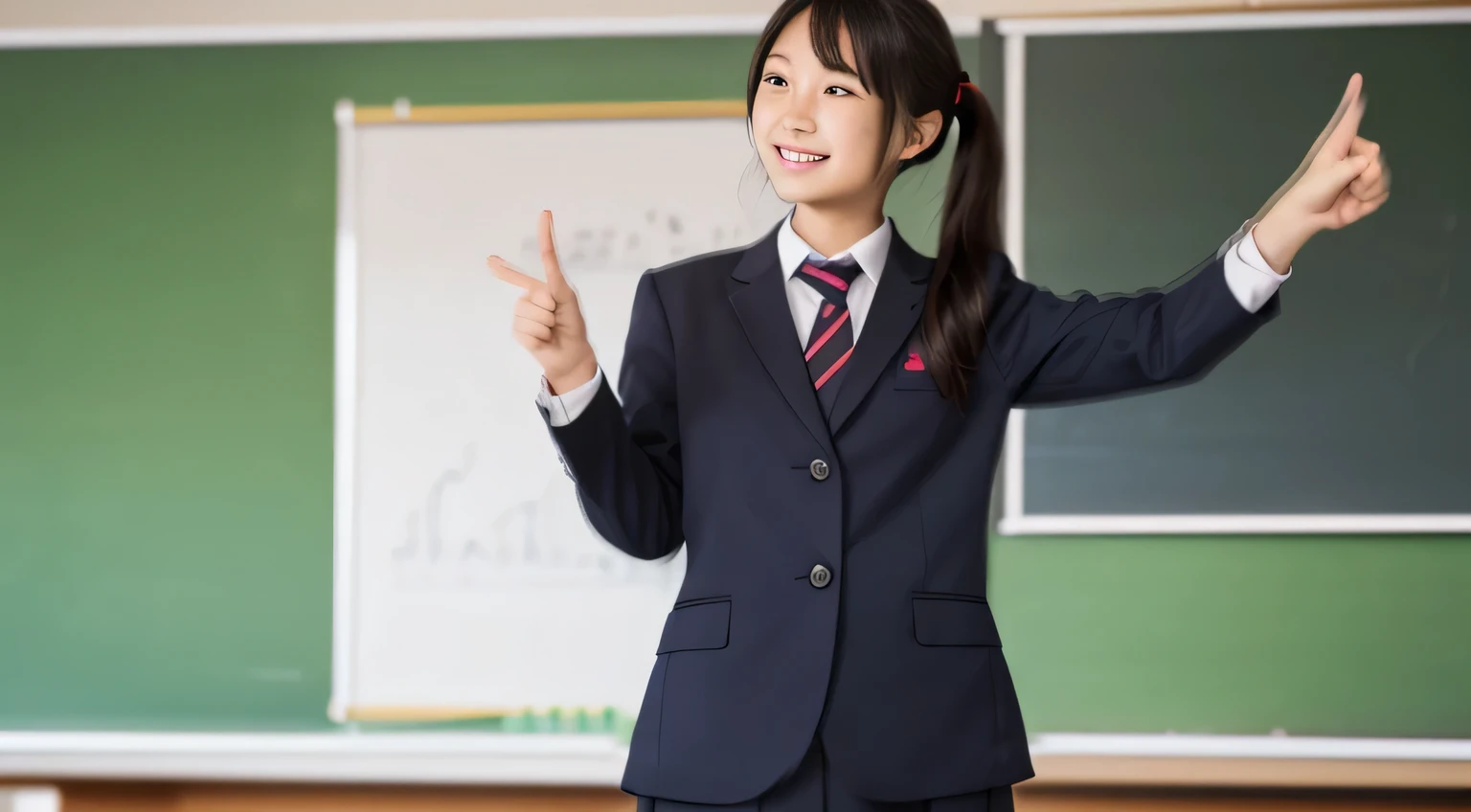 (RAW photo:1), (masterpiece:1, highest quality:1), (8K photo), (photon mapping:1), (In high school classroom:1), (realistic:1.8), (Upper body:1), (super detailed eye:1), (1 Japanese high school girl:1),(1 Japanese male student:1.7),(student:1), (doing a presentation:1.5), (Talking:1.6), (presentation:1.5), (standing up straight:1.5), (in front of the blackboard:1), (Good posture :1.3), (natural and modern classroom:1.6), (Simple School Uniform:1.5), (simple background), (15 years old), (round face:1),(we say:0.2), (Bokeh),(light smile), Raise your hand, pointing, raise your arms