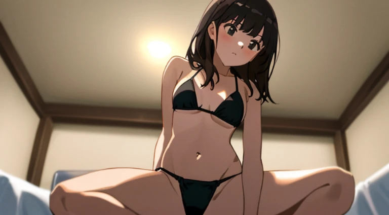 1 girl, on bed, squatting, solo, (((8k,Best Quality)), Masterpiece,  from below, black bikini, micro bikini, spread legs,
