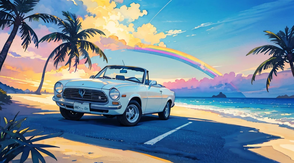 (watercolor), rainbow sky, big moon, beach, palm tree, white classic car, convertible