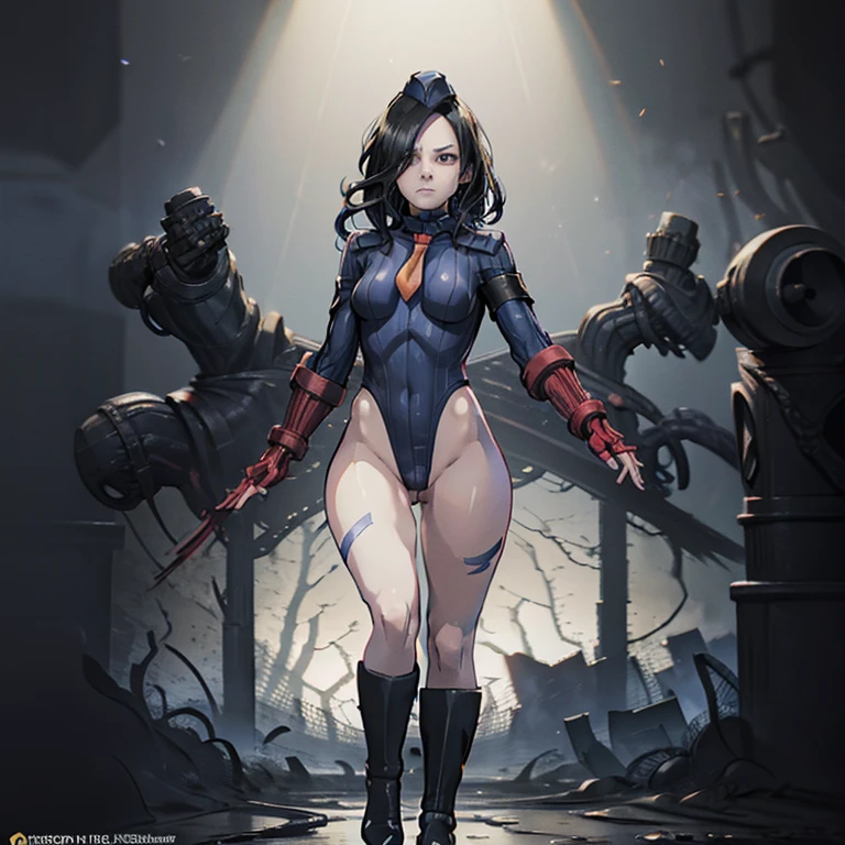 ultra-detailed, Explicit, Beautiful body, Beautiful Nose, Beautiful character design, perfect eyes, perfect face, ultra highres, 4K, beautiful legs, perfect legs, Nice hands, Perfect hand, Masterpiece, Best Quality, Highly detailed, illustration, absurdres, perfect anatomy, street fighter, doll suit, shadaloo doll, dollsuit, girls, multiple girls, expressionless, blank eyes, looking at viewer, red gloves, emotionless, black latex, corrution, mind control, female combatant, full body, hypnotized, unhappy trance, full body suit, ribbed bodysuit, both arms at side, obey, perfect female body, extremely glossy latex, hypnosis, hypnoLora, empty eyes, Mind control device, poses, submissive_pose, Slave, hat, necktie, stand up straight, standing, standing at attention, hat, necktie, belt, latex, ribbed bodysuit, thighhighs, garter belt, Fighting Stance, extending the right arm from the shoulder into the air with a straightened hand, nazi saluting, military, military saluting, salute, thigh boots, 1girl, Solo , eveline, resident evil 7, black hair, black eyes, long hair, pale skin