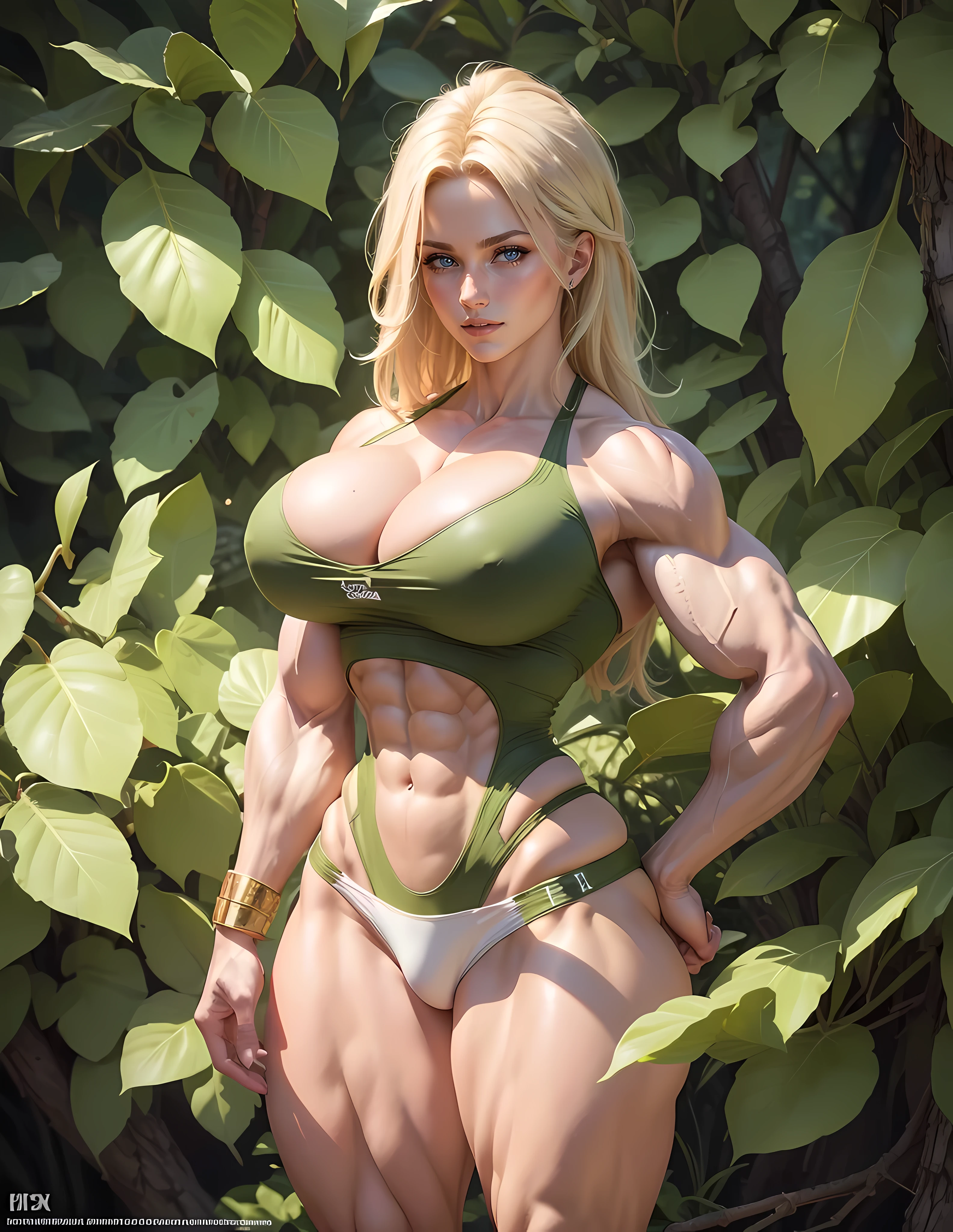 "Masterpiece, high quality, detailed, high resolution, 4k, 8k, realistic skin texture, amazing shadows, perfect lighting, hyper-realistic, (((accurate anatomy)))." One woman, blond hair, white tanned skin, (((Huge breasts))), ((long legs)), ((Female Bodybuilder)), ((((Muscular Legs)))), ((((Huge Muscles)))), green eyes, posing for pics.