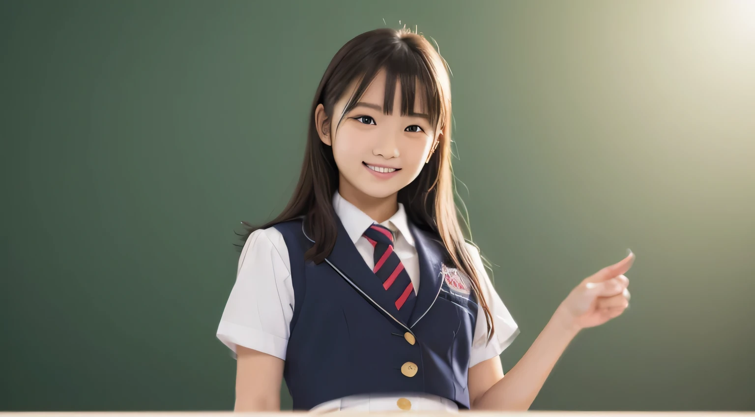 (RAW photo:1), (table top:1, highest quality:1), (8K photo), (photon mapping:1), (In a high school classroom:1), (realistic:1.8), (Upper body:1), (Ultra-fine eyes:1), (1 Japanese high school gboy:1), (doing a presentation:1.5), (Talking:1.6), (presentation:1.5), (pointing:1),(standing up straight:1.5), (In front of the blackboard:1), (Good posture :1.3), (Natural and modern classroom:1.6), ( school uniform:1.5), (), (round face:1),(we say:0.2), (Bokeh),(light smile), Raise your hand, raise your arms, (active pose:1), (Simple light background:1.5)