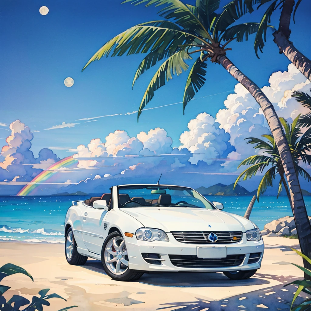 (watercolor), rainbow sky, big moon, beach, palm tree, white classic car, convertible