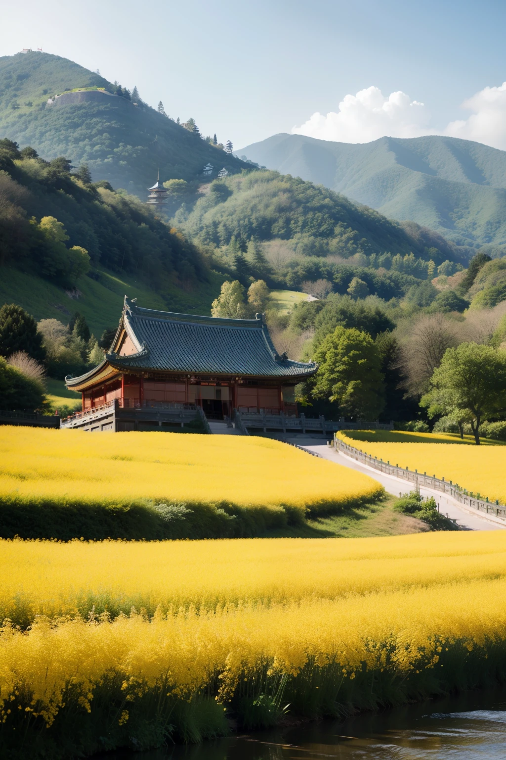 On a distant hillside，A little golden，Nestled among green mountains and green waters，Take a closer look，Continuous rapeseed flowers，The eye-catching golden color！sometimes green hillrom time to time, the unique Huizhou style buildings with white walls and black tiles appear alternately in front of you.，It’s like being in a traditional Chinese ink painting。