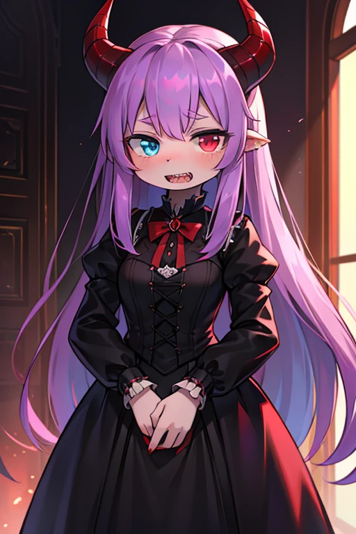 Long haired 18-year demon woman with pastel Purple hair with heterochromia one blue eye and red eye with sharp teeth wearing a Victorian dress that is Red and black (SFW)
