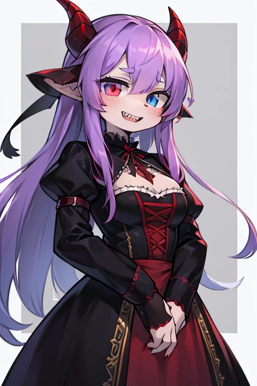 Long haired 18-year demon woman with pastel Purple hair with heterochromia one blue eye and red eye with sharp teeth wearing a Victorian dress that is Red and black (SFW)