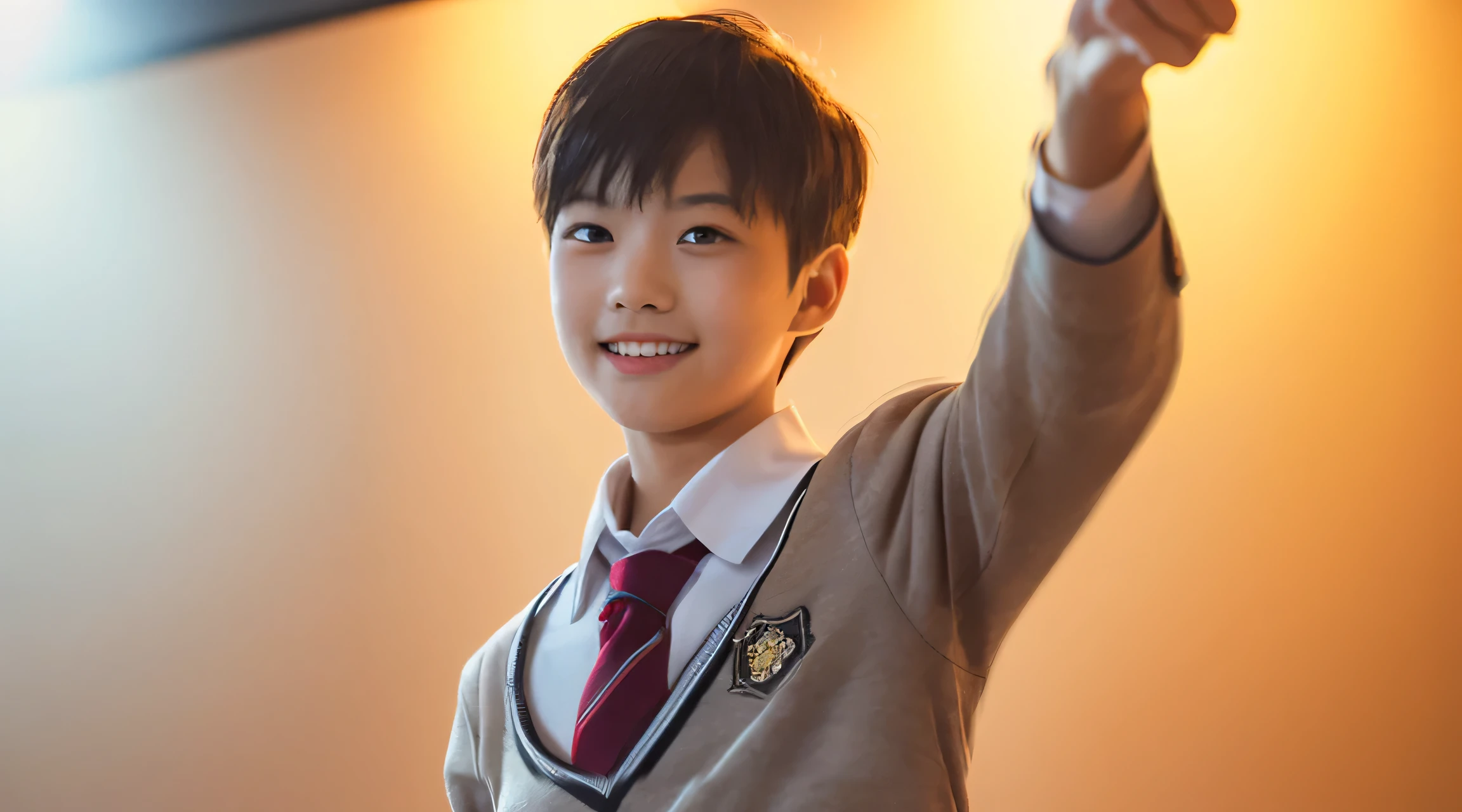 (RAW photo:1), (table top:1, highest quality:1), (8K photo), (photon mapping:1), (In a high school classroom:1), (realistic:1.8), (Upper body:1), (Ultra-fine eyes:1), (1 Japan high school boy:1), (doing a presentation:1.5), (he is talking:1.6), (presentation:1.5), (pointing:1),(standing up straight:1.5), (In front of the blackboard:1), (Good posture :1.3), (Natural and modern classroom:1.6), ( school uniform:1.5), (15 years old), (round face:1),(we say:0.2), (Bokeh),(light smile), Raise your hand, raise your arms, (active pose:1), (Simple light background:1.5), Bokeh,