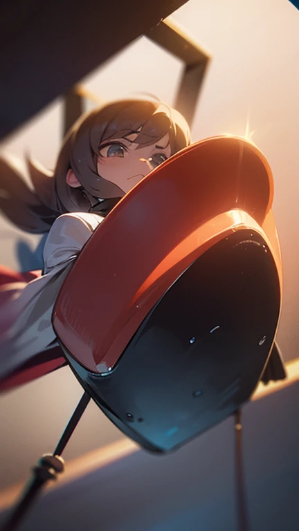 Completely naked, no clothes, masterpiece, very short pigtails,brown hair, Hair tie with two big red clothespins, mature, Female robot, android, joint seam, blue eyes, full body figure, Height: 160cm, flushed cheeks, 2020s anime picture, ball joint, missionary angle, joy, A big smile, jump A beautiful robot with short brown hair in two short pigtails held up by two large red clothespins. 25 years old 2020s anime picture blue eyes Uplifting, No NSFW, whole body, spread legs, leaning over