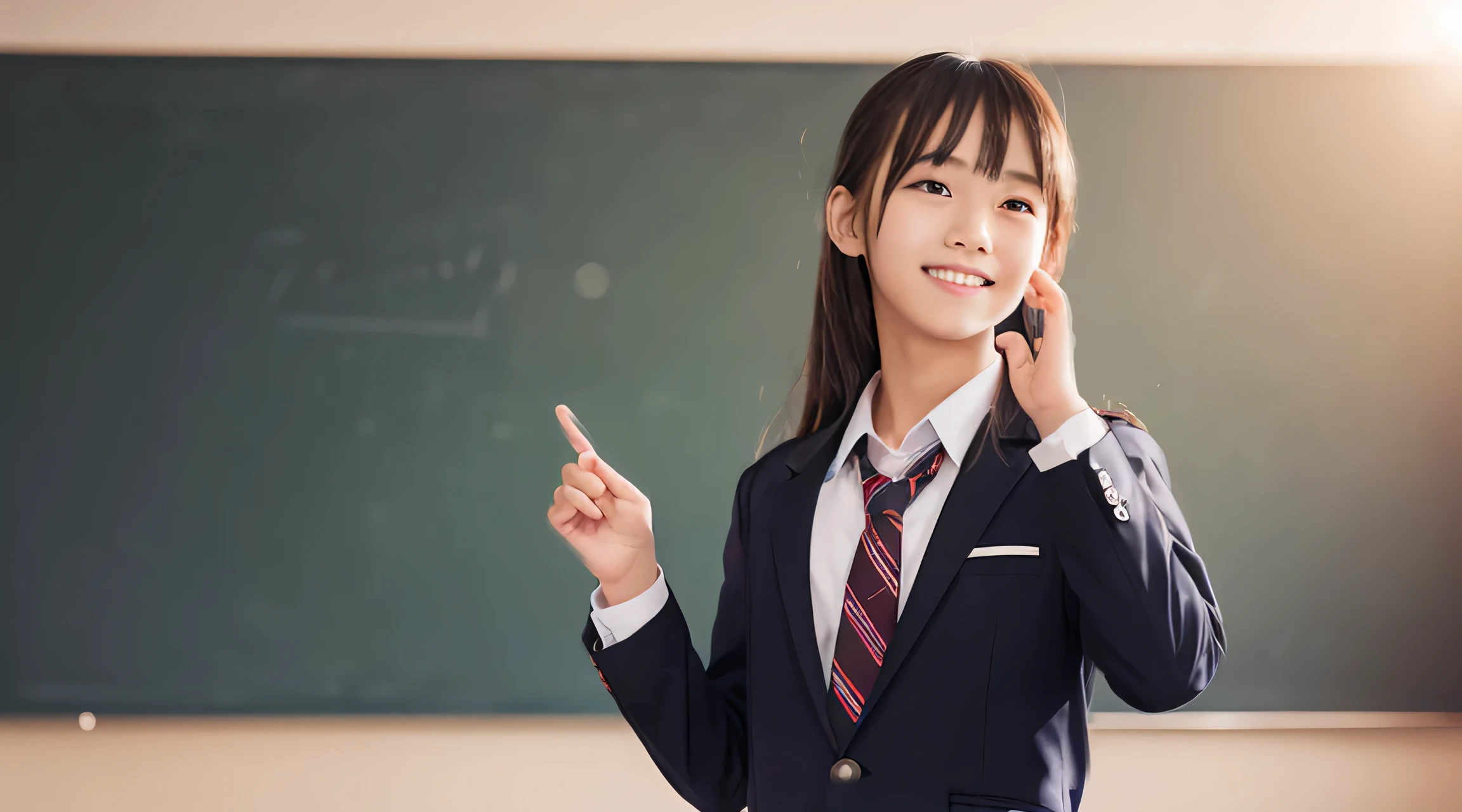 (RAW photo:1), (table top:1, highest quality:1), (8K photo), (photon mapping:1), (In a high school classroom:1), (realistic:1.8), (Upper body:1), (extra fine eyes:1), (1 Japan high school boys:1), (doing a presentation:1.5), (he is talking:1.6), (presentation:1.5), (pointing:1),(standing up straight:1.5), (In front of the blackboard:1), (Good posture :1.3), (natural modern classroom:1.6), ( school uniform:1.5), (15 years old), (round face:1),(we say:0.2), (Bokeh),(light smile), Raise your hand, raise your arms, (active pose:1), ( bright background:1.5), Bokeh,