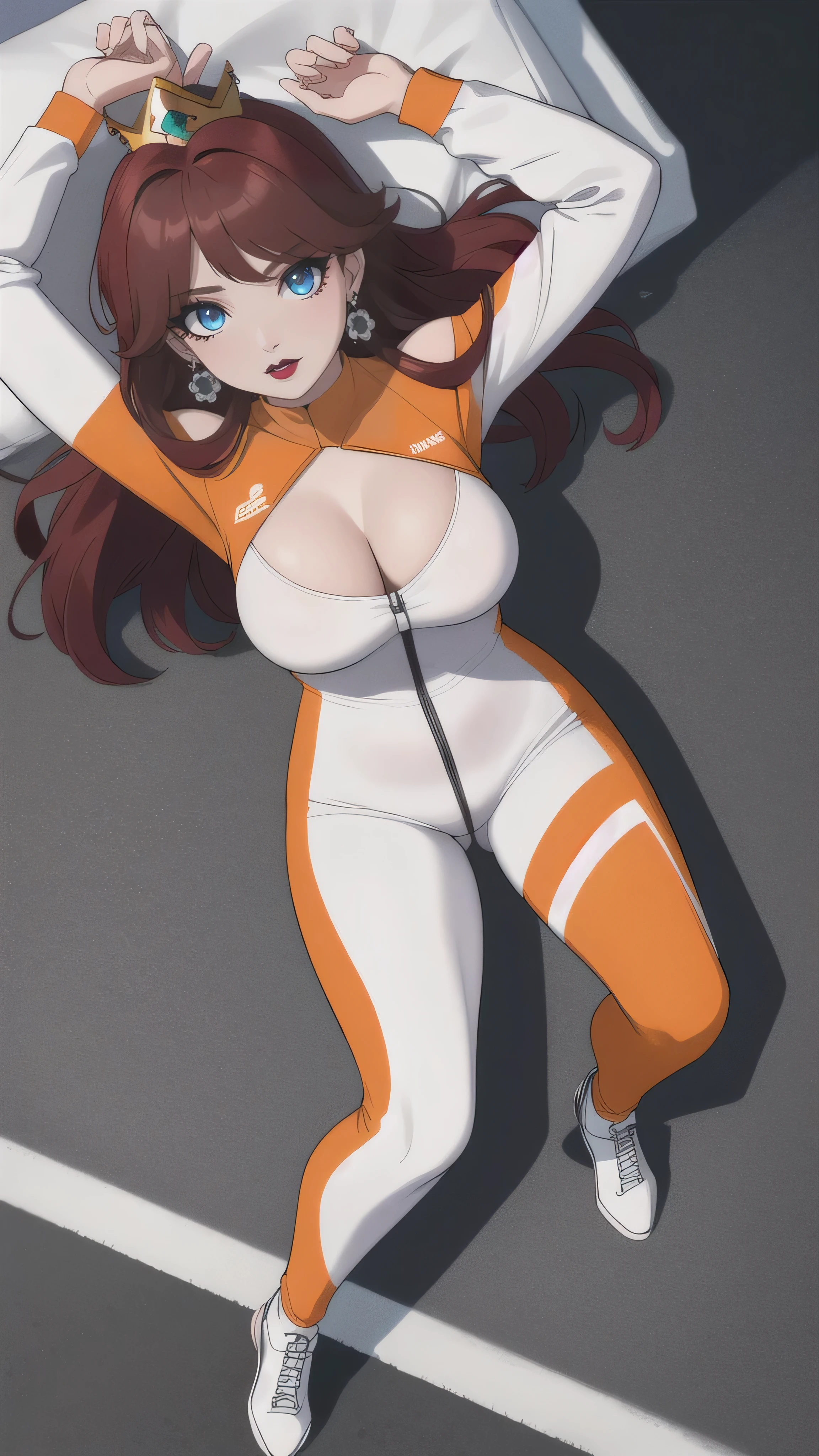 ((high detailed, best quality, 4k, masterpiece, hd:1.3)), (Hotel Bedroom), laying on bed, Princess Daisy, neon blue eyes, BREAK blue eyes, seductive, attractive, sexy smile, smiling, smooth anime cg art, 36C breasts, long legs, vivid colors, detailed digital art, slim body, perfect skin, dark red hair, long hair, dark hair, red hair, BREAK crown, cleavage, 36C cleavage, looking at viewer, BREAK looking at viewer, extremely detailed face, orange and white jumpsuit, (Jumpsuit:1.5), orange and white racing suit, (racing suit:1.5), full body, (red high heels), earrings, gem, dark black makeup lips, dark gothic eyeshadows, dark eyeshadows, black eyeshadows, black sexy lips, black lips, dark lips, very dark lips, (perfect hands, perfect anatomy), black makeup, detailed fingers, five fingers per hand, 5 fingers, (1 girl), detailed lips, detailed black lips, black painted lips, gothic painted lips, BREAK night, (breast focus), (breasts out:1.3), (from above:1.3), (arms outstreched:1.2),