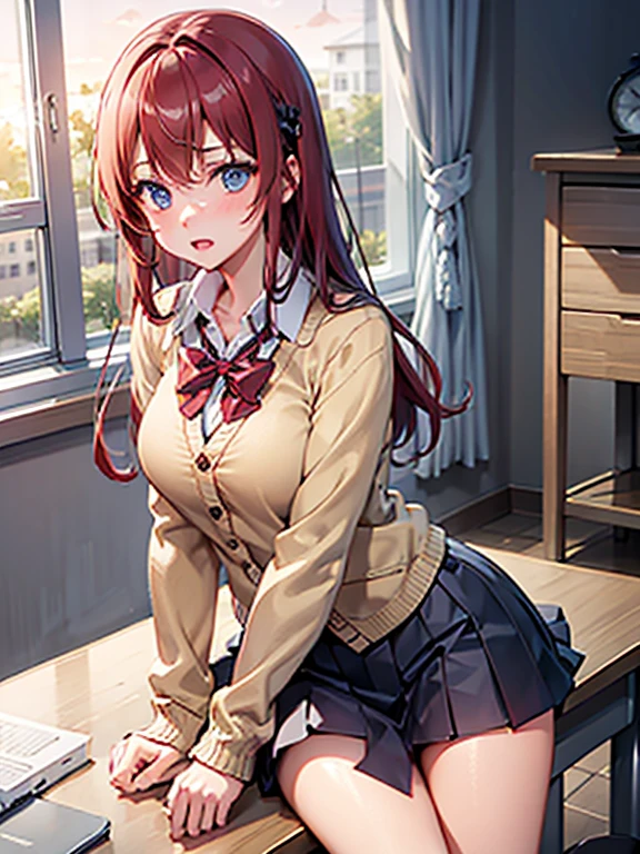 classroom, sunset lightning, sitting on the desk, schoolgirl, cardigan uniform, brunette, red locks, blue eyes, autumn, serious expression, crossed arms