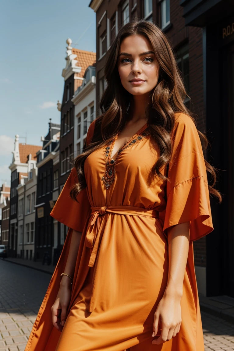 Instagram-Models posieren in Amsterdam, in a bright orange and deep blue futuristic kaftan, full entire body, beautiful detailed eyes, beautifully detailed lips, extremely detailed eyes and face, kurzes, welliges rosa Haar ((best qulaity)), ((Meisterwerk)), (detailliert), perfektes Gesicht, full entire body