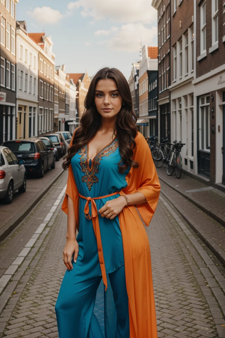 Instagram-Models posieren in Amsterdam, in a bright orange and deep blue futuristic kaftan, full entire body, beautiful detailed eyes, beautifully detailed lips, extremely detailed eyes and face, kurzes, welliges rosa Haar ((best qulaity)), ((Meisterwerk)), (detailliert), perfektes Gesicht, full entire body