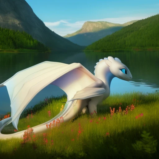 nublessv1,feral female,dragon,membranous wings, white body, blue eyes,tail, lake