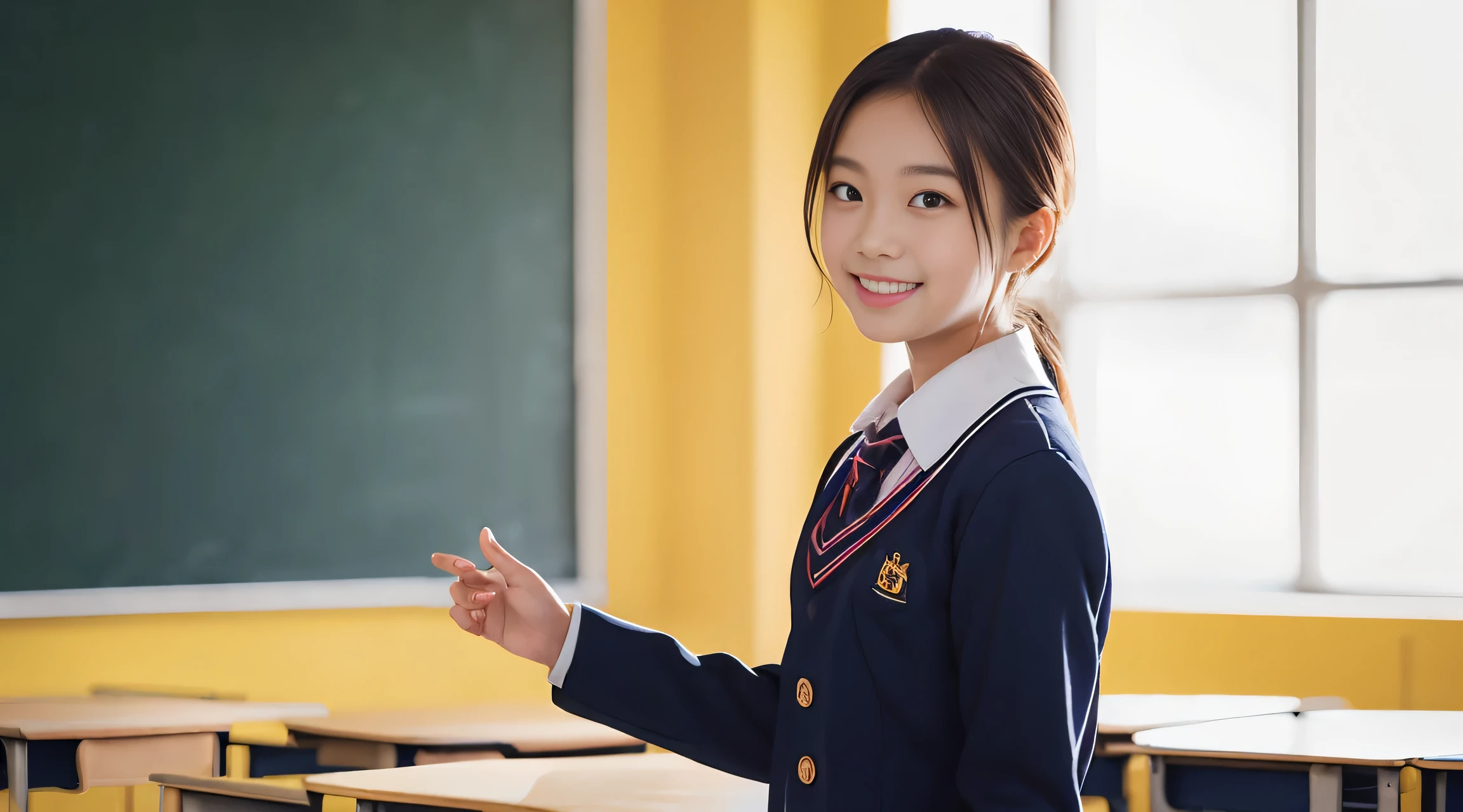 (RAW photo:1), (table top:1, highest quality:1), (8K photo), (photon mapping:1), (In a high school classroom:1), (realistic:1.8), (Upper body:1), (extra fine eyes:1), (1 Japan high school boys:1), (Giving a speech:1.5), (he is talking:1.6), (presentation:1.5), (spread your arms:1),(standing up straight:1.5), (In front of the blackboard:1), (Good posture :1.3), (natural modern classroom:1.6), ( school uniform:1.5), (15 years old),  (round face:1),(we say:0.2), (Bokeh),(light smile), Raise your hand, raise your arms, (active pose:1), (bright background:1.5), Bokeh,