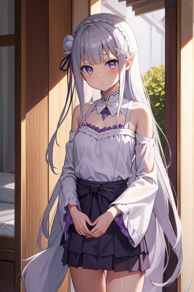 リゼロemilia、emilia、Braid、クラウンBraid、flower、髪flower、hair ornaments、hair ribbon、long hair、pointed ears、(purple eyes:1.2)、gray hair、xhair ornaments、 BREAK detach color、Small area black bikini、bikini swimwear、whitelegwear、whitelegwear、wide sleeve、Absolute Ryoiki、 BREAK Outdoor、sandy beach、 Looking at BREAK viewer、BREAK(masterpiece:1.2)、Highest image quality、High resolution、unified 8k wallpaper、(An illustration:0.8)、(beautiful detailed eyes:1.6)、highly detailed face、perfect lighting、Highly detailed CG、(perfect hands、perfect anatomy)、