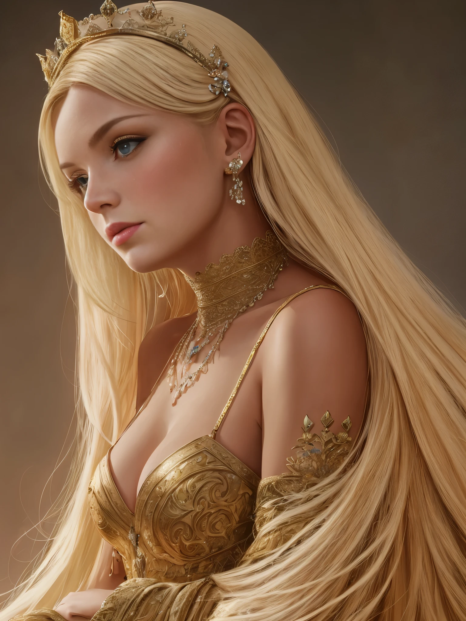 the queen of the Middle Ages, in a closed angle, blond hair, tanned skin, front view, ultra realistic, photographic, cinematic, 8k, --auto --s2