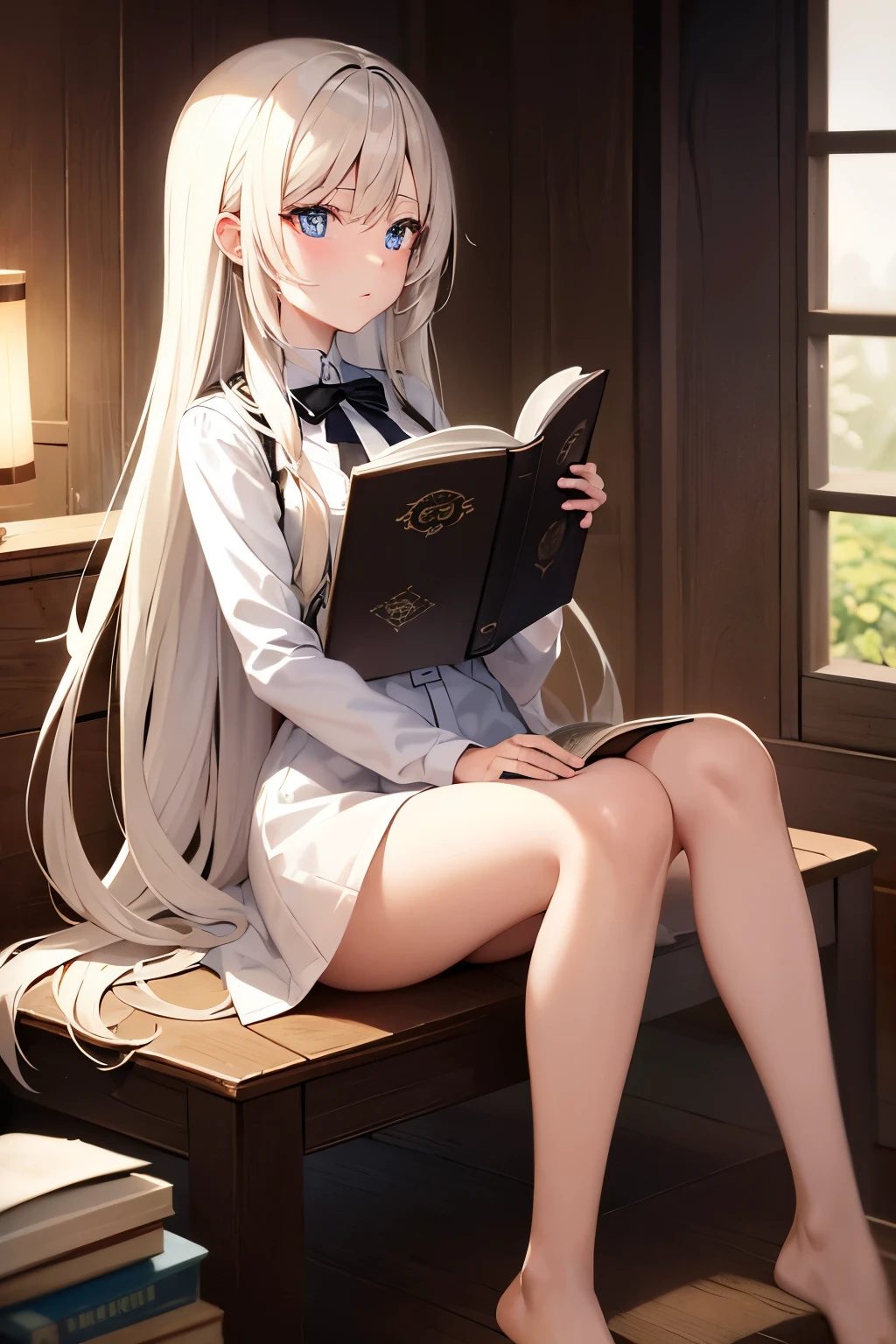 anime girl, very long white hair, pale skin, white dress, she is sitting on a medieval chair where in her hands she holds a leather book with a star on its cover, she is reading that book and many insects come out of it, which They run through her entire body, she is barefoot, it is dark where she is and there is only a lamp next to her which illuminates her face a little, she has white eyes and is sad, the design is in pencil