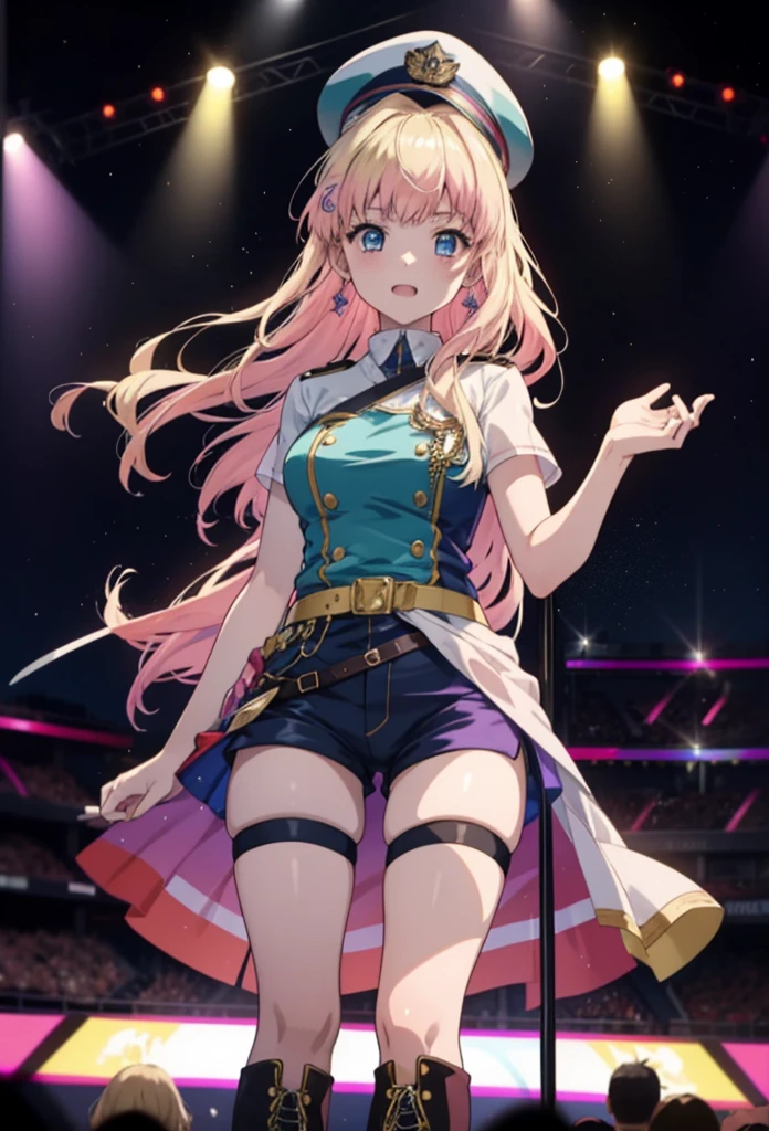 (anime:1.1), highest quality, table top,
1 girl, sherly nome, colorful hair, blonde hair, pink hair, gradient hair long hair, medium breasts, blue eyes, mature woman,  looking at the viewer, smile，Stage Performance, hot air，Police hat,Police uniform,Flag with a long pole on the left,Shorts on the right hand rests on the waist,Knee-high boots，Bring your hair back，Idol singer standing in the center of the stage，Idol singer holding a microphone and singing， Idol singer&#39;s serious and powerful expression. The singer&#39;s voice is strong and beautiful，fans gather around the stage， Fans are singing and dancing with idol singers