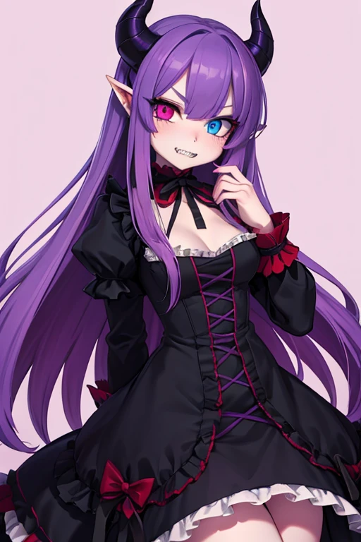 Long haired 18-year demon woman with pastel Purple hair with heterochromia one blue eye and red eye with sharp teeth wearing a Victorian dress that is Red and black (SFW)
