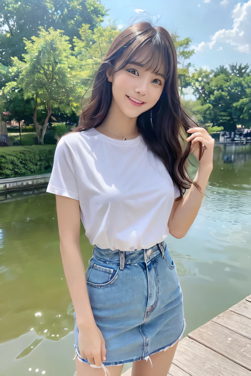 (8K、highest quality、masterpiece、ultra high resolution、high resolution face:1.Ortraat、(20 year old girl:1.3)、Bokeh、frontage、 genius genius smile、Super detailed、super resolution、(realistic、realistic pictures:1.37)、High-definition RAW color photo、professional photography、hvery detailed and beautiful、very detailed、8K image wallpaper、amazing details、huge file size、official art、Hvery detailed CG Unity 8K wallpapers、hvery detailed beautiful girl、very detailed顔、very detailed目、very detailed肌、とてもthin指、hvery detailed nose、very detailed詳細な口、perfect anatomy、Hvery detailed clothing、1 girl、(18:1.2)、、cute女の子の面白い日本のアイドル、cute、realistic body、small、white skin、glowing skin、because I'thin、handsome body、brown hair、(dull bangs:1.2)、classic wavy long hair、 (nffsw:1.3),laughter、cute、zora々right、cute faces、lifelike face、delicate eyes、ordering sauce、shirt、skirt、look at the camera、cowboy shot、along the river、positive、contrapo、public