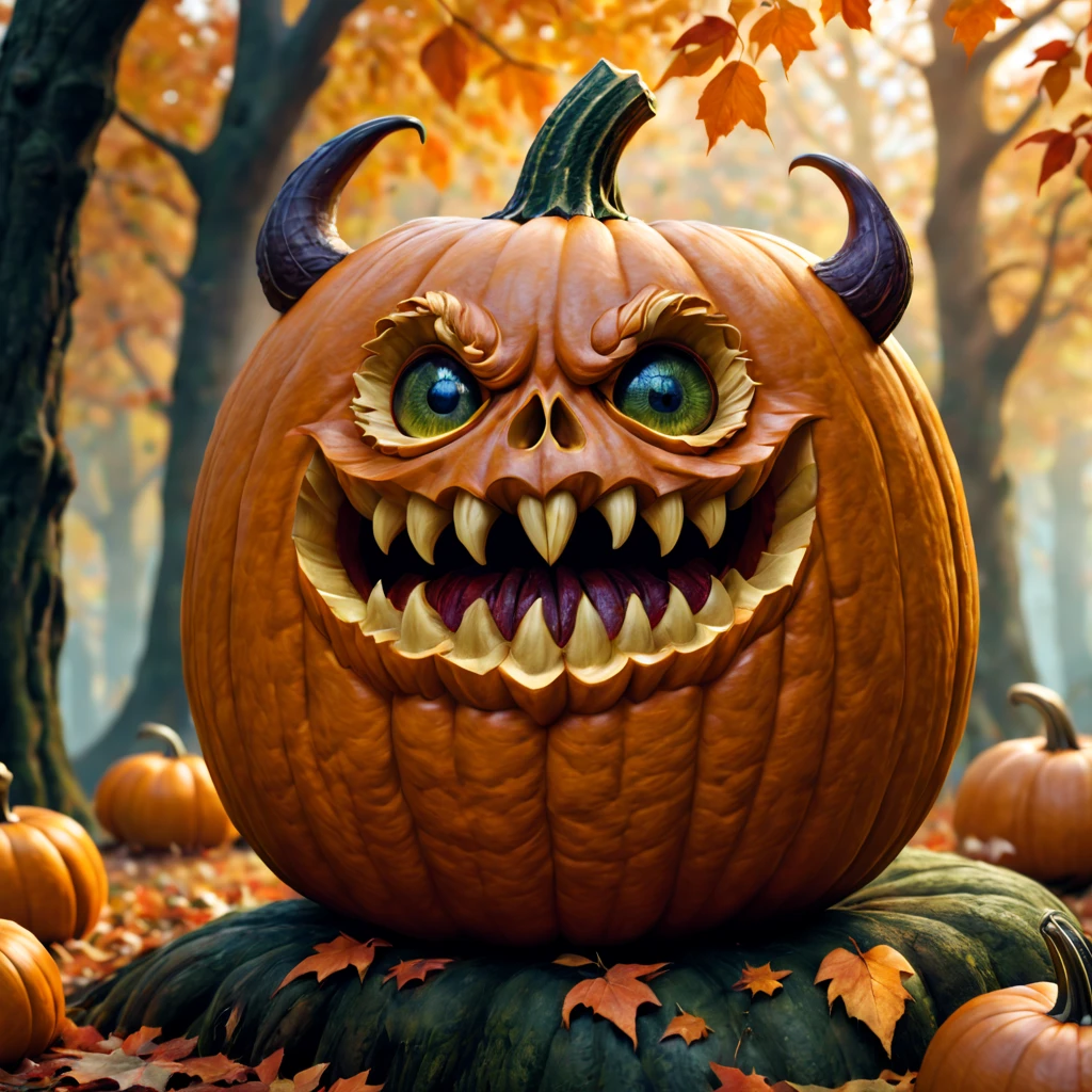 (best quality,4k,8k,highres,masterpiece:1.2),ultra-detailed,(realistic,photorealistic,photo-realistic:1.37),Fanz monster carved from pumpkin,A cute creature,hair made of magic,Super cute,autumn colors,vibrant,sharp focus,small detail carvings,handcrafted,texture-rich,imaginative,creative,playful,whimsical,fantasy,enchanted lighting,natural surroundings,majestic trees,falling leaves,magical atmosphere,soft sunlight,autumn breeze