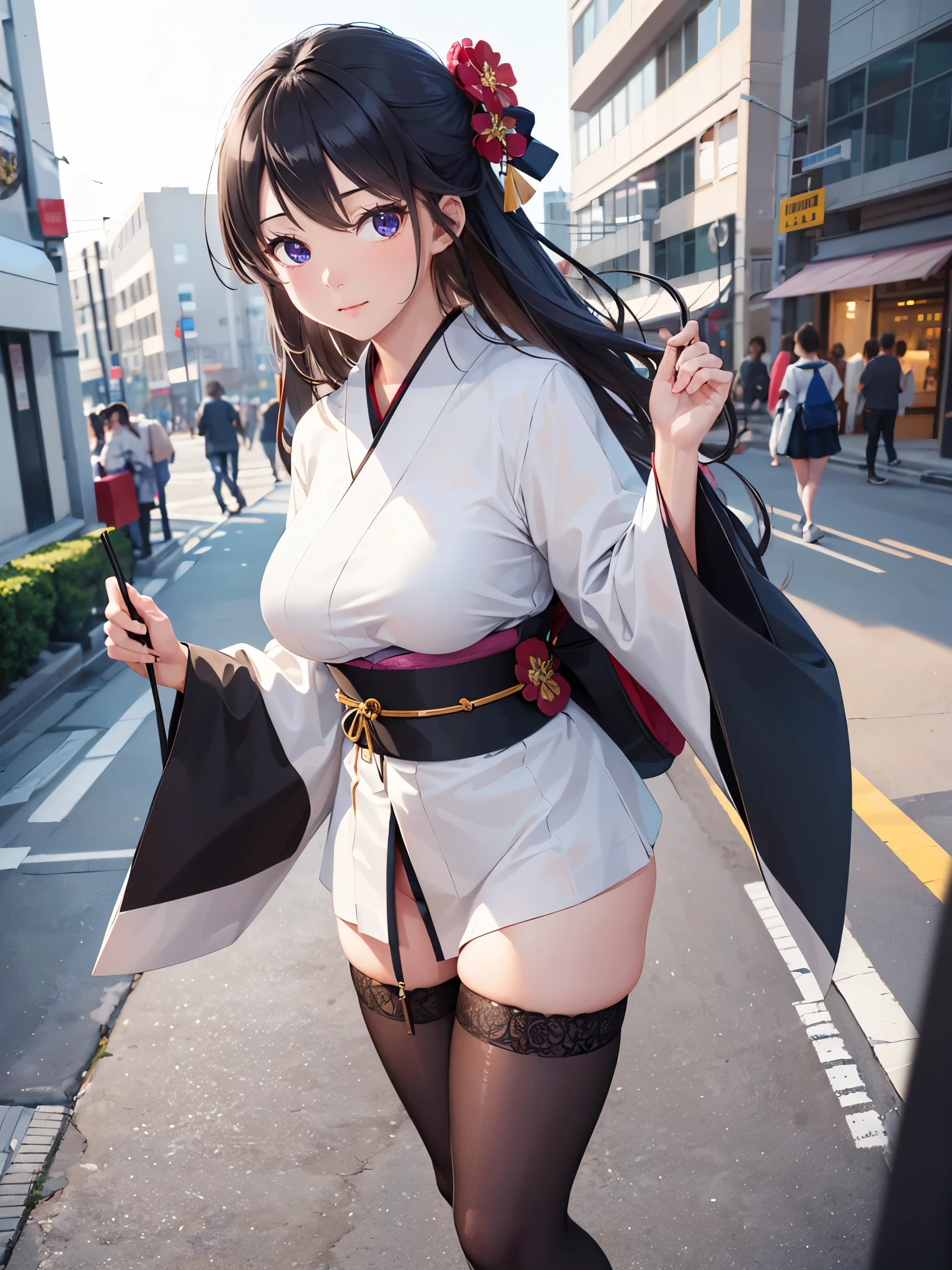 Ultra detailed, ultra quality, detailed eye, perfect quality, 4k, Hd, 
 busy city, crowd, 1gir, japanese schoolgirl outfits, masturbation, peeing on the street, random hair style, black hair, red eye, Multicolored hair, micro skirt, , squirt peeing, creampie, cheering with lewd smiling face, blush face. open leg pose, squat and legs wide open, black thigh-high socks, thigh gap, shiny skin, shiny body, wet body, big areola, thic areola, big breastbreast, mature body,  tall girl, Peeing. Bottom angle. Black thigh high socks.