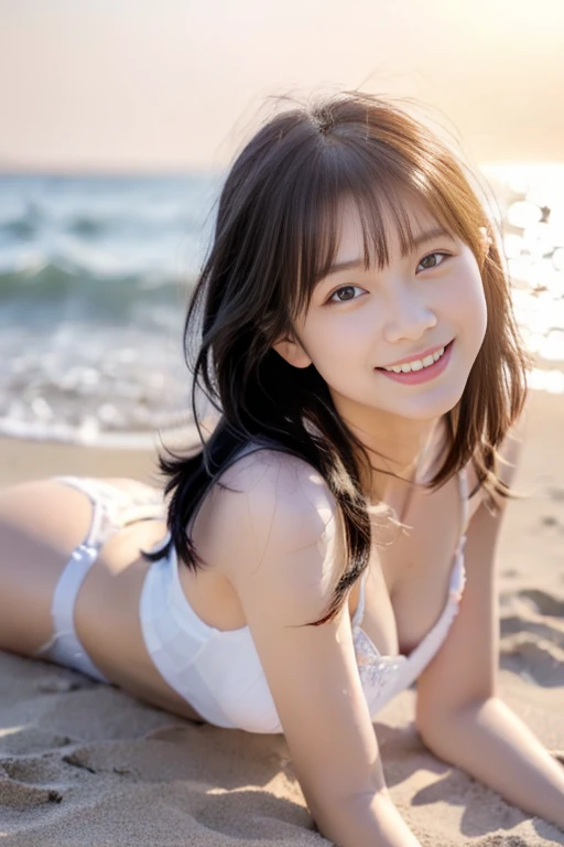 (((masterpiece))), (((full body display)))，(((lying on the beach)))、 (one beautiful girl, innocence，cute) ，ultra high resolution, reality, Super detailed, 8K,highest quality, very detailed, blurred background,slender，small breasts，(very beautiful japanese girl, detailed face:1.3), (boyish short hair，black hair :1.4), (，cute系,adorable girl), (perfect body:1.1),((cute水着姿))、rosy cheeks，A smile that makes you want to hug me,Super detailedな顔、detailed lips、detailed eyes、small gravure idol，transparent skin、lolita，Photoreal:1.37、bright sunny day、crystal blue sea、shining sun、shimmering reflections of wavefronts、cold sea breeze、