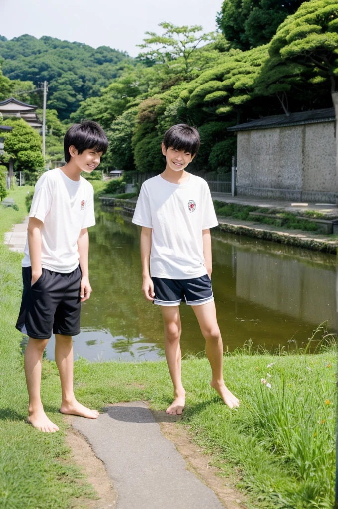 Japan Boys, , village background, look straight、barefoot、Shorts