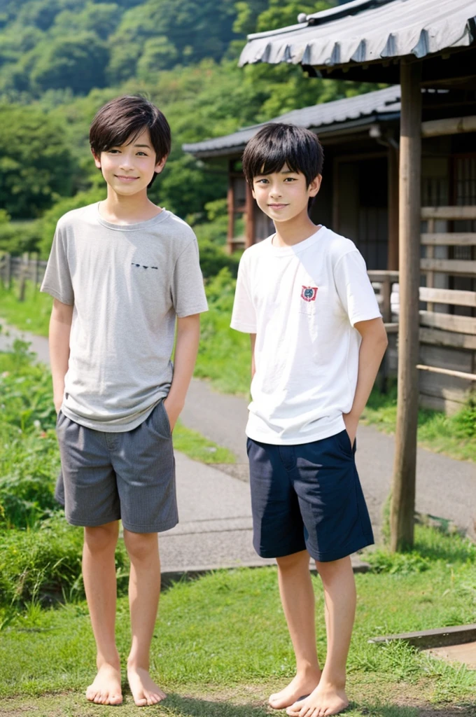 Two little Japanese boys、Both are 13 years old、Short limbs、They are short、Slightly toned muscles and smooth skin、Sporty Very Short Hair、limbs are short、Friendly and relaxed smile、Smiling with wide open mouth、Colorful, tight, lightweight briefs、Healthy muscle development from an early age、Posing muscles in the back seat of a car、The whole body is beautiful、Laughing with your mouth open、Put your arm around someone's shoulder